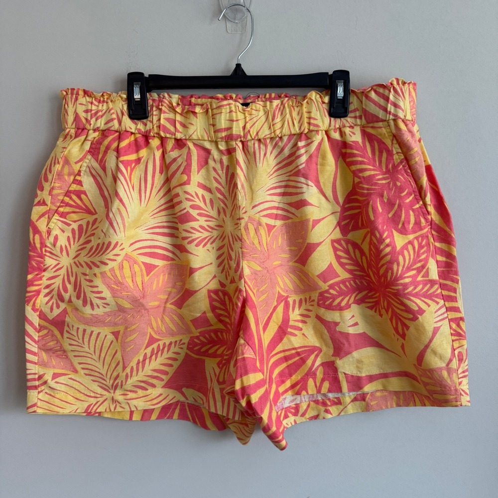 Talbots Womens 2XP Yellow Pink Tropical Floral Linen Blend Pull On Shorts NWT